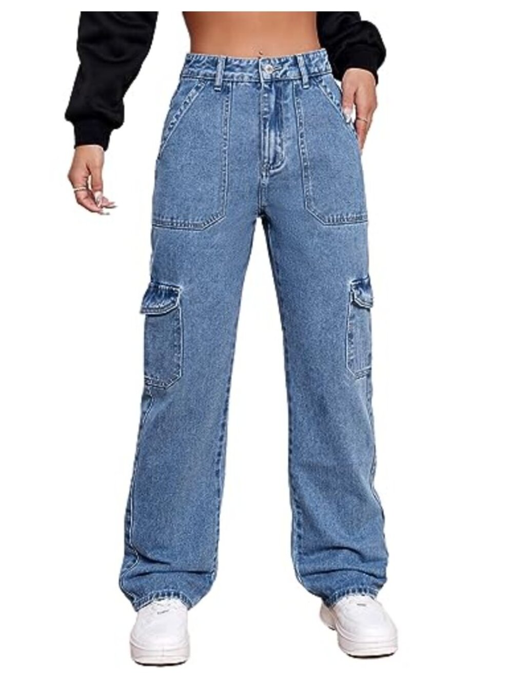 High Rise Cargo Jeans Stretch Straight Wide Leg Denim Pants